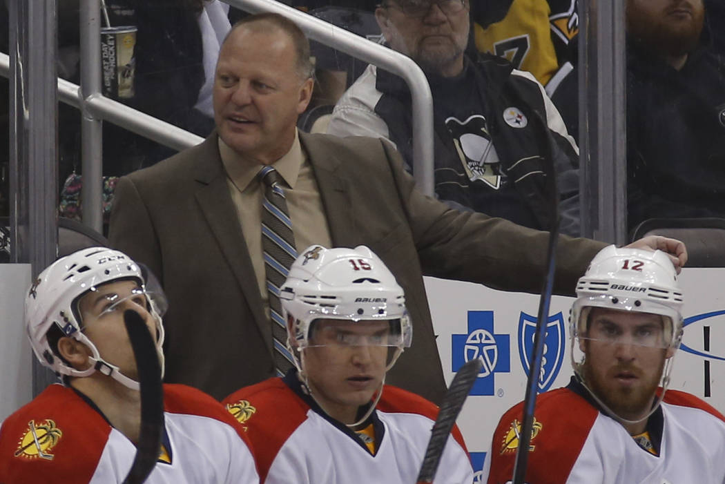 Florida Panthers head coach Gerard Gallant in an NHL hockey game between the Pittsburgh Penguins and the Florida Panthers, Sunday, Feb. 22, 2015 in Pittsburgh. (AP Photo/Keith Srakocic)