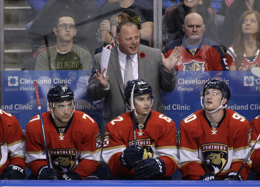 Florida Panthers head coach Gerard Gallant gestures during the second period of an NHL hockey game against the Tampa Bay Lightning, Monday, Nov. 7, 2016, in Sunrise, Fla. (AP Photo/Wilfredo Lee)