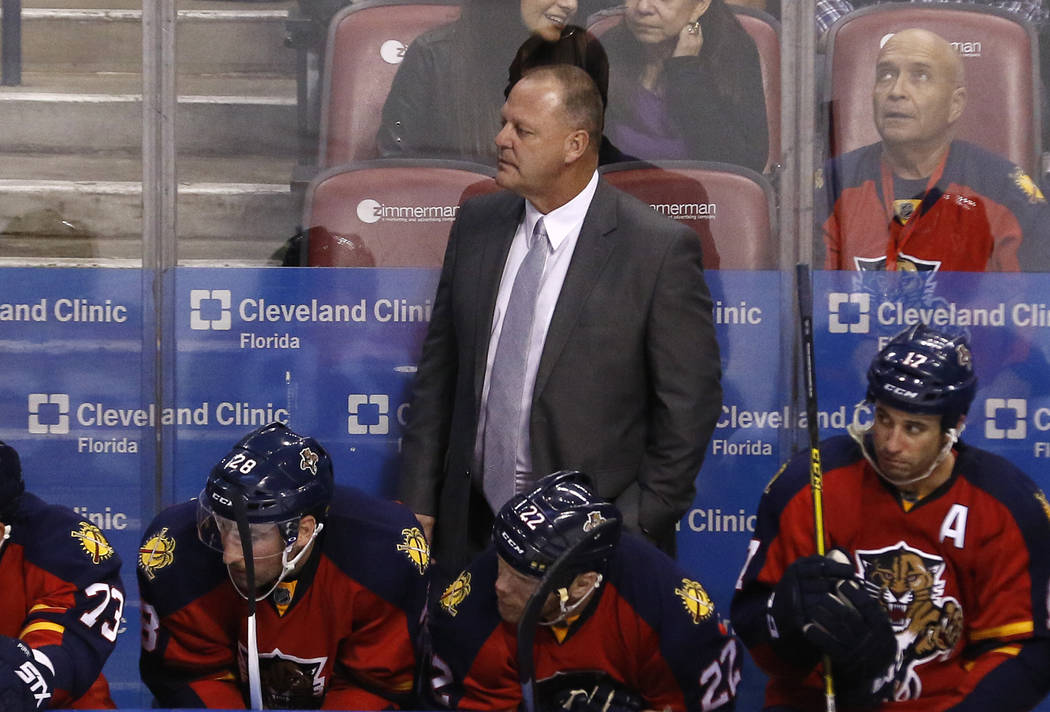 Florida Panthers head coach Gerard Gallant looks on in the third-period of his team's 3-1 loss to the Anaheim Ducks in an NHL hockey game Thursday, Nov. 19, 2015, in Sunrise, Fla. (AP Photo/Joe Sk ...