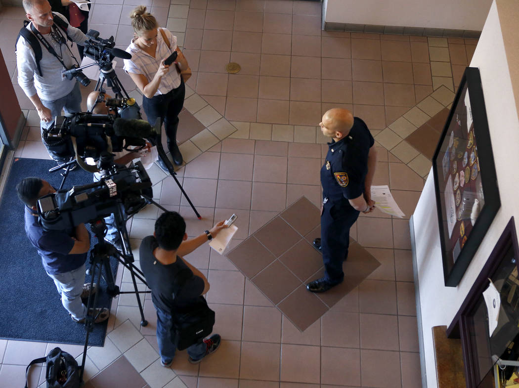 Deputy Fire Chief Jeff Buchanan informs the public of bee safety at the Clark County Fire Department on Thursday, April 13, 2017, in Las Vegas. Christian K. Lee Las Vegas Review-Journal @chrisklee ...