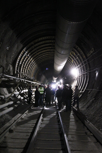Congressmen, staff, journalists and Department of Energy employees gather during a congressional tour of the Yucca Mountain exploratory tunnel Thursday, April 9, 2015. (Sam Morris/Las Vegas Review ...