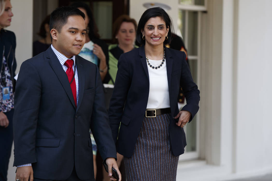Seema Verma, administrator of the Centers for Medicare and Medicaid Services, walks to speak with reporters outside the White House in Washington, Thursday, April 13, 2017, after President Donald  ...
