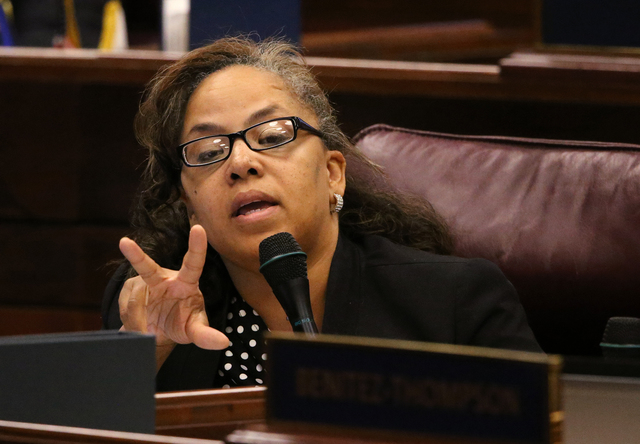 Nevada Assemblywoman Dina Neal, D-North Las Vegas, asks questions about the proposed stadium and convention center projects in Las Vegas during a special session at the Legislative Building in Car ...