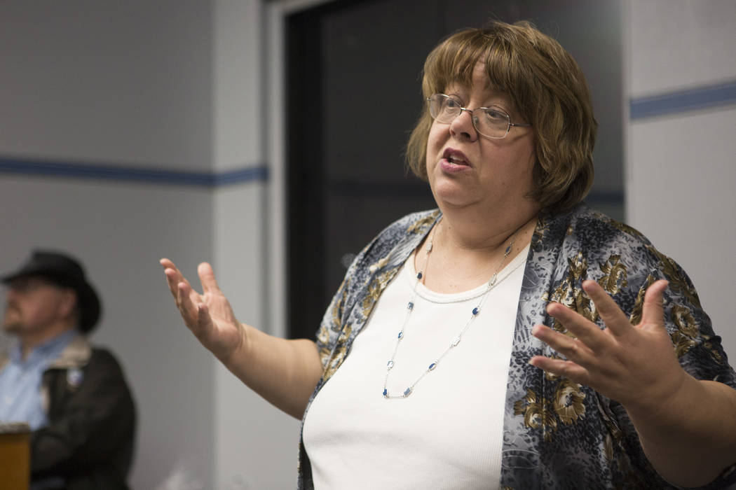 North Las Vegas city council ward 3 candidate Anita Wood speaks as election results roll in during a North Las Vegas Democratic Club is meeting Tuesday, April 4, 2017, in Las Vegas. (Bridget Benne ...
