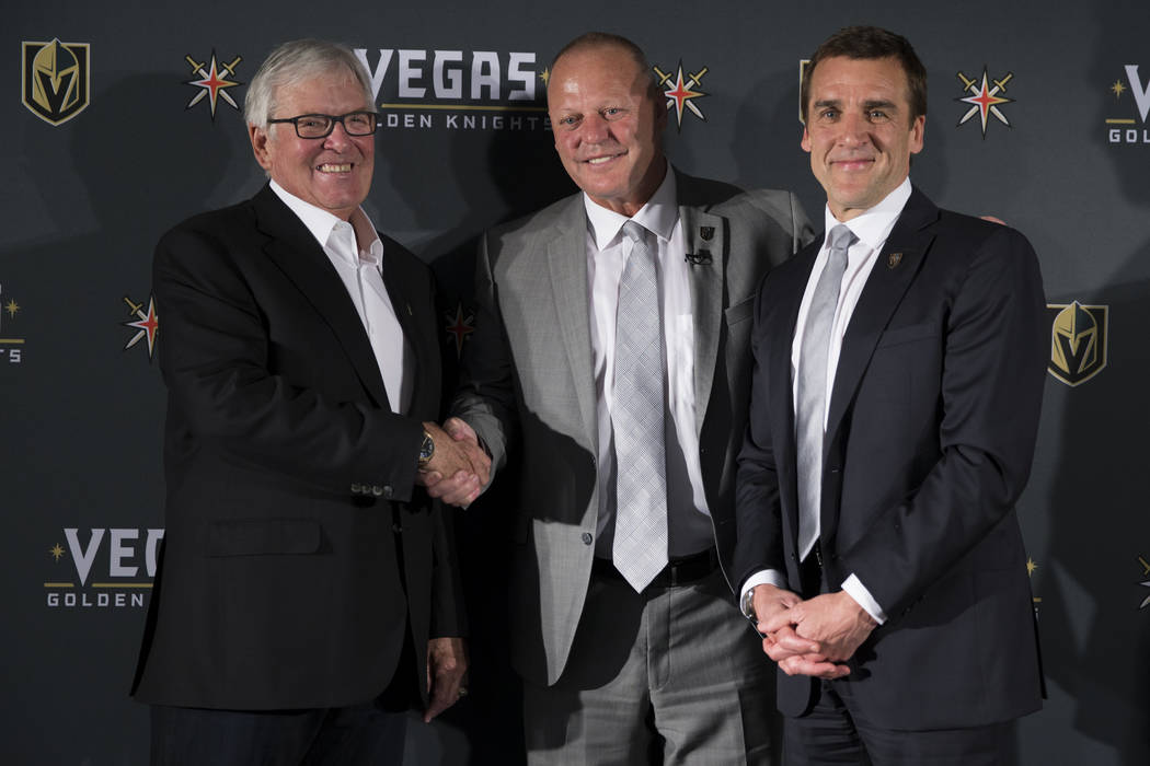 Vegas Golden Knights owner Bill Foley, from left, team head coach Gerard Gallant and general team manager George McPhee, during a press conference at T-Mobile Arena on Thursday, April 13, 2017, in ...