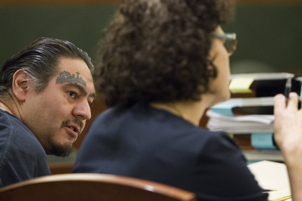 Raymond Padilla, left, charged in the April 2016 killing of construction site security guard Mark Santee, with his defense attorney Monique Mcneill in court for his preliminary hearing at the Regi ...
