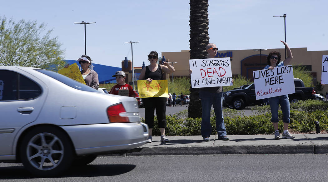 People protest against Seaquest Interactive Aquarium at Boulevard Mall on Saturday, April 15, 2017, in Las Vegas. Former and current employees from Seaquest have alleged that animals have been mis ...