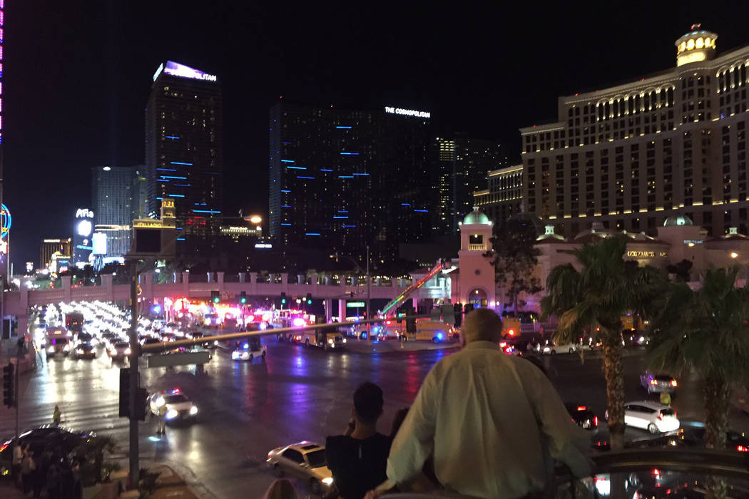 Emergency personnel respond to a fire on the roof of the Bellagio is on Thursday, April 13, 2017. (Chase Stevens/Las Vegas Review-Journal)