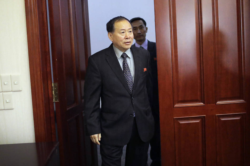 Han Song Ryol, North Korea's vice minister of foreign affairs, arrives for an interview with The Associated Press on Friday, April 14, 2017, in Pyongyang, North Korea. Han Song Ryol said the situa ...