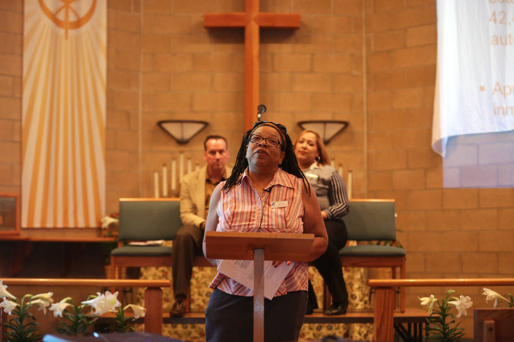 Jeanne Ward-Estes talks about the current status of immigration in America at an immigration forum hosted by the Nevadans for the Common Good on Monday, April 17, 2017, at the All Saints Episcopal ...
