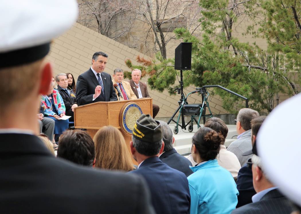 Gov. Brian Sandoval emphasizes his commitment to make Nevada the most veteran friendly states in the nation during a speech kicking off 2017 Veterans and Military Day at the Legislature, Wednesday ...