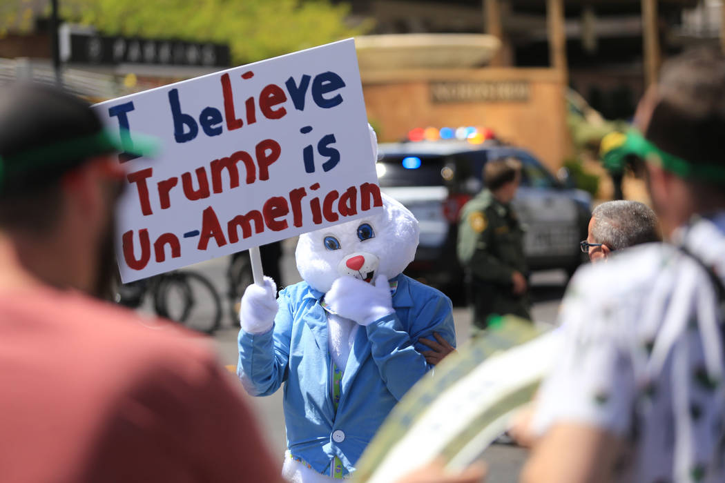 A demonstrator dressed as the Easter Bunny walks along Fashion Show Drive during a tax day protest at Trump International Hotel on Saturday, April 15, 2017. Brett Le Blanc Las Vegas Review-Journal ...