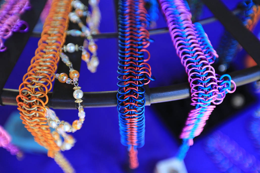 Colorful chainmail jewelry sits on a rack at The Green Merchant during Pirate Fest 2017 at Craig Ranch Regional Park on Friday, April 21, 2017. Brett Le Blanc Las Vegas Review-Journal @bleblancphoto