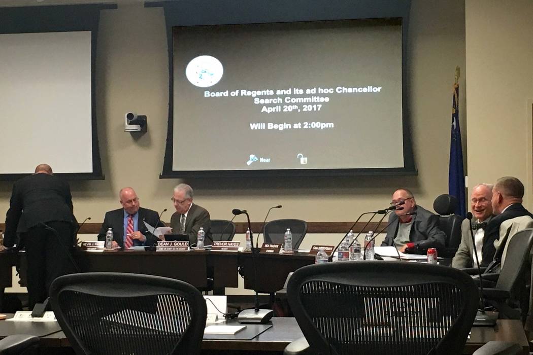 The Nevada Board of Regents discuss options after the top five semifinalists for the Nevada System of Higher Education System chancellor search withdrew their names, Thursday, April 21, 2017. Nata ...