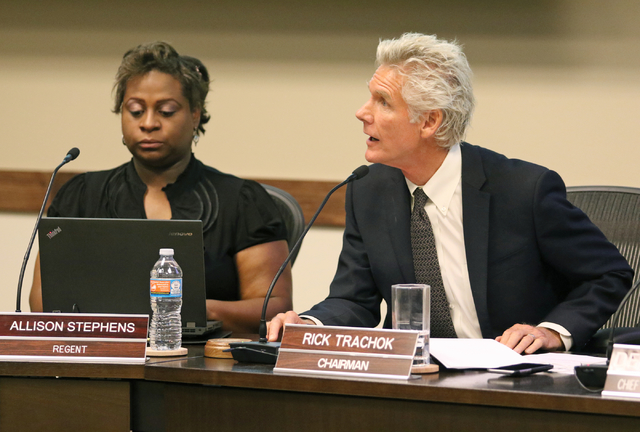 Rick Trachok, right, chairman of Board of Regents, leads a special meeting at Nevada System of Higher Education Friday, May 27, 2016, in Las Vegas. Regent Allison Stephens is shown at left. (Ronda ...
