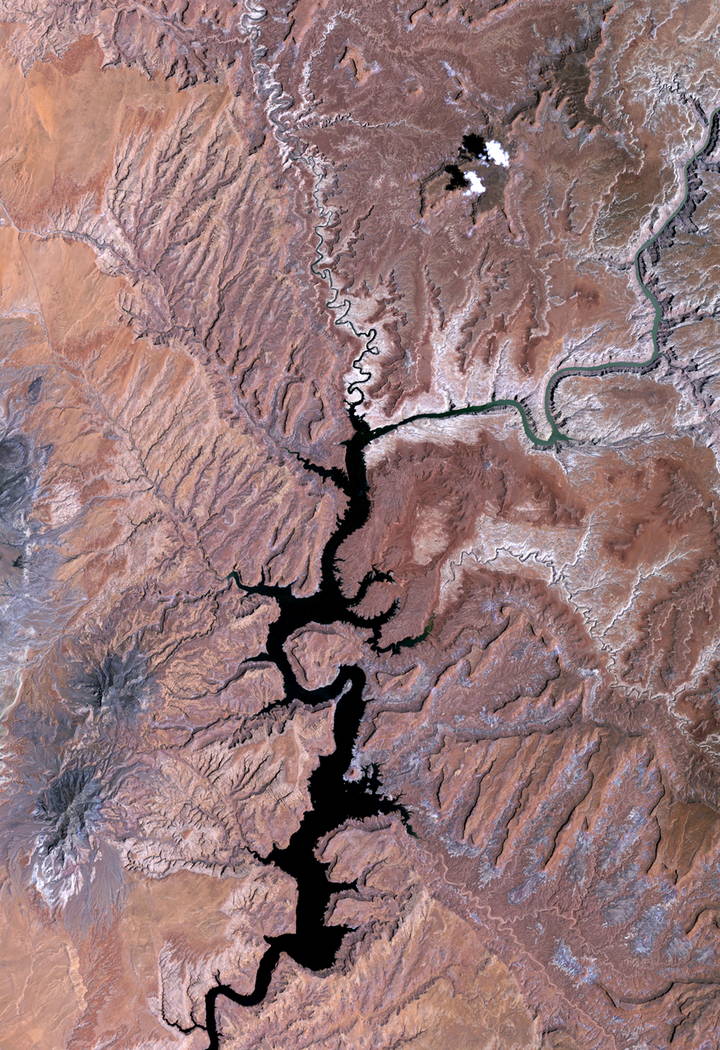 Lake Powell in the United States is seen in a NASA satellite image taken in 1991. Lake Powell on the Colorado River provides water for Nevada, Arizona and California. A severe drought in recent ye ...