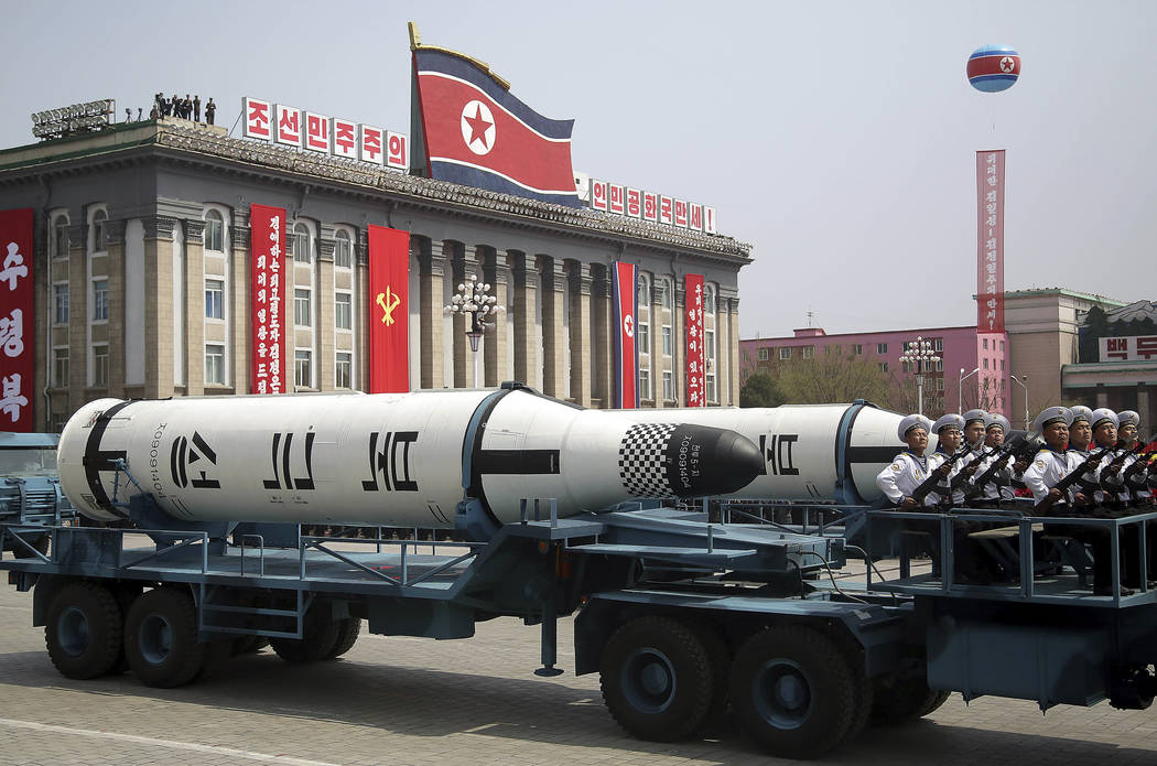 A submarine missile is paraded across Kim Il Sung Square Saturday, April 15, 2017, during a military parade in Pyongyang, North Korea to celebrate the 105th birth anniversary of Kim Il Sung, the c ...