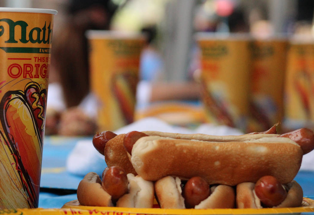 A plate of leftover hot-dogs after Nathan's Famous hosted the Nevada qualifier for the Fourth of July International Hot Dog-Eating Contest at New York New York hotel-casino, Saturday, April 22, 20 ...