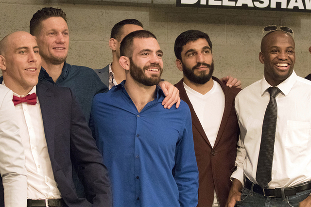From left, Jesse Taylor, Seth Baczynski, Tom Gallicchio, Ramsey Nijem and Eddie Gordon from the 25th season of The Ultimate Fighter, join in the TUF Gym in Las Vegas to meet with media on Feb. 15, ...