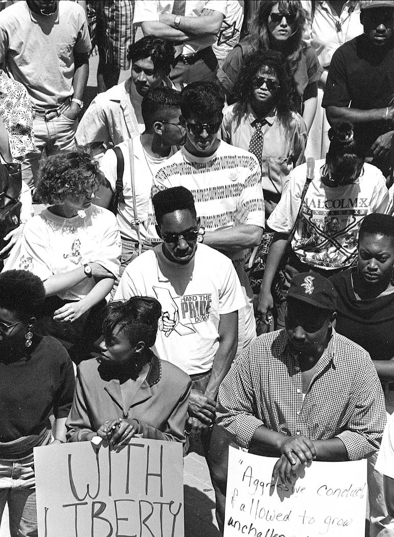Protestors peacefully gather at UNLV on April 30, 1992 as rioters took to west Las Vegas. Las Vegas Review-Journal File Photo