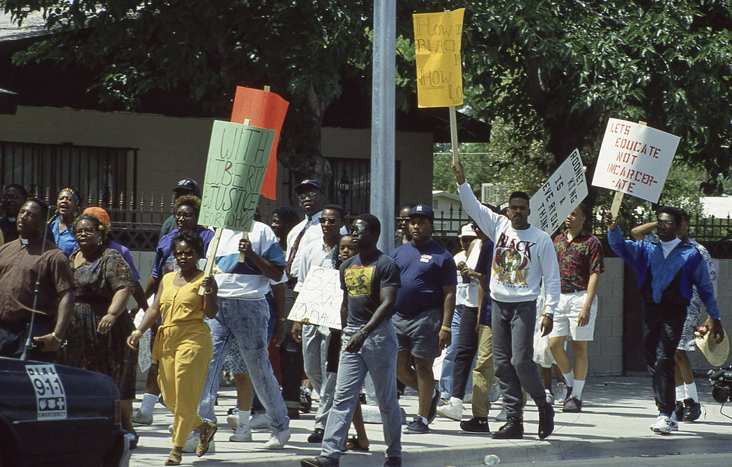 Protestors peacefully march to Las Vegas City Hall on May 2, 1992, following the acquittal of four LAPD officers in the Rodney King beating. Las Vegas Review-Journal File Photo