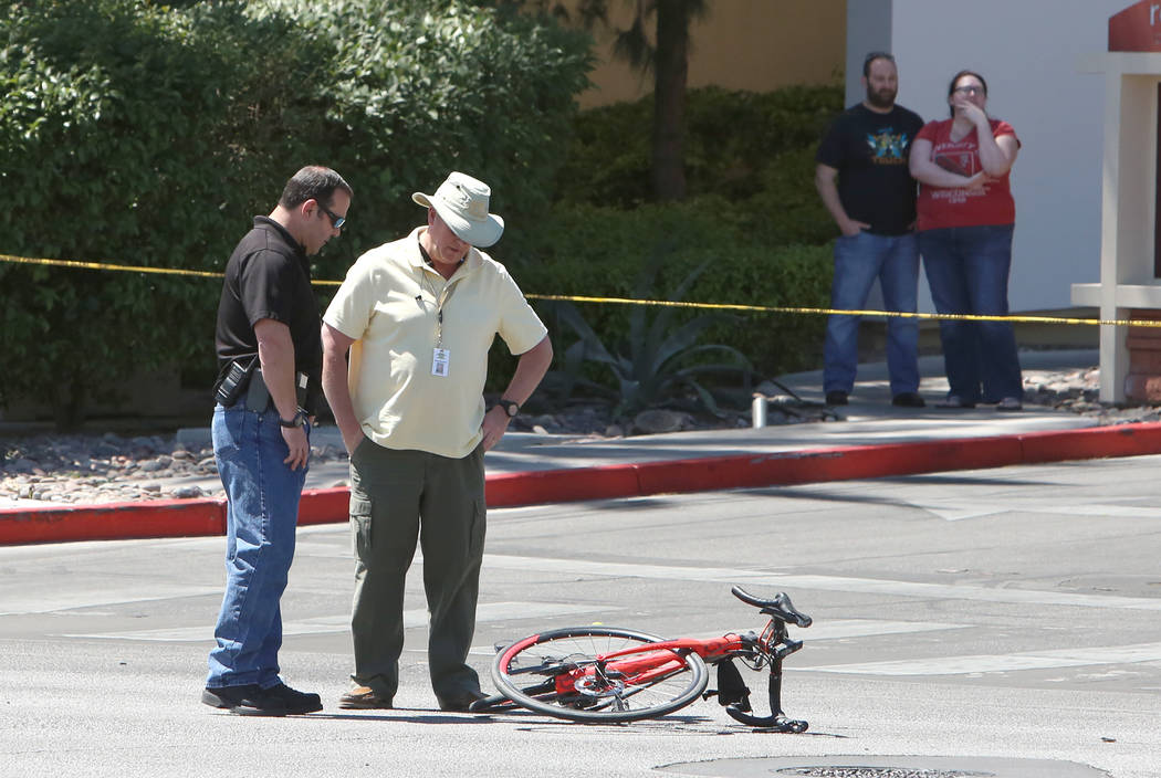 Las Vegas police investigate a fatal crash that left a bicyclist dead in the western Las Vegas Valley, near Red Rock Resort, on Tuesday, April 18, 2017, in Las Vegas. (Bizuayehu Tesfaye/Las Vegas  ...