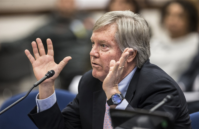 Sen. Tick Segerblom, D-Las Vegas, addresses members of the Senate Government Affairs Committee during a meeting to discuss a resolution to replace Columbus Day with Indigenous People Day at the Ne ...