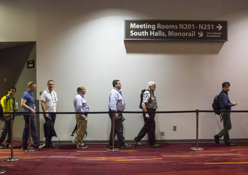 Attendees wait in line before viewing a livestream with NASA in 4k at the National Association of Broadcasters Show in Las Vegas on Wednesday, April 26, 2017. Miranda Alam Las Vegas Review-Journal ...