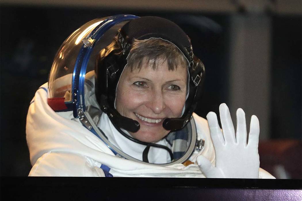 Peggy Whitson, a NASA astronaut aboard the International Space Station, spoke with a crowd Wednesday at the Las Vegas Convention Center in the first-ever, 4K live stream from space. (Dmitri Lovets ...