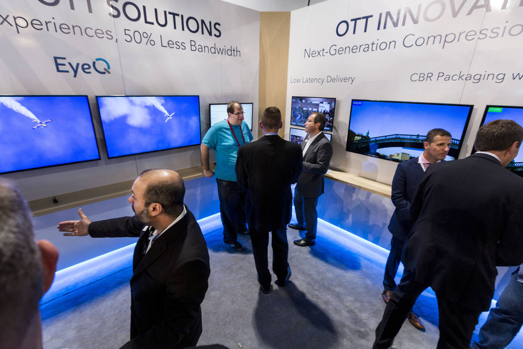 EyeQ, a video compression optimization solution by Harmonic, is explained to participants of the National Association of Broadcasters exposition, the NAB Show, at the Las Vegas Convention Center i ...