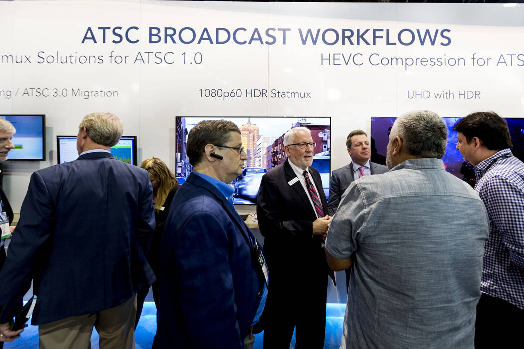 Participants of the National Association of Broadcasters exposition, the NAB Show, learn about Harmonic's ATSC Broadcast Workflows at the Las Vegas Convention Center in Las Vegas, Monday, April 24 ...