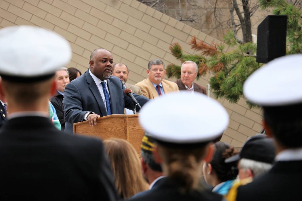 Assembly Speaker Jason Frierson, D-Las Vegas, praises the sacrifices made by veterans during a speech at 2017 Veterans and Military Day at the Legislature, Wednesday, March 15, 2017. (Victor Joeck ...