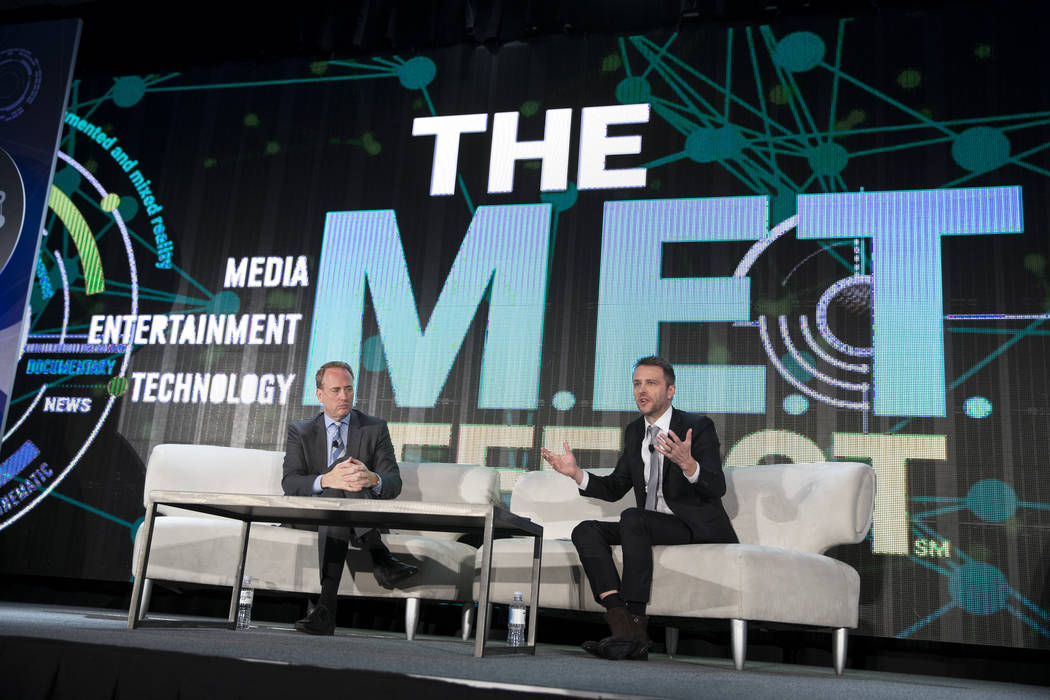 NBC Chairman Robert Greenblatt, left, is interviewed by TV host Chris Hardwick, during the National Association of Broadcasters conference at the Las Vegas Convention Center on Tuesday, April 25,  ...