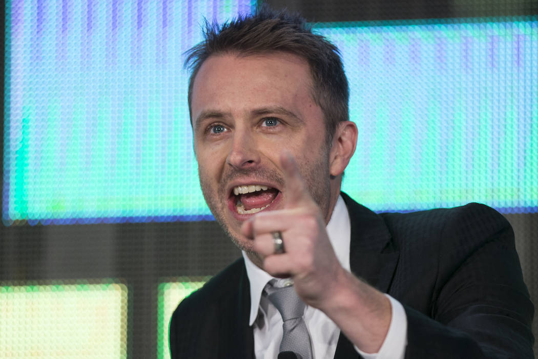 TV host Chris Hardwick during an interview with NBC Chairman Robert Greenblatt, not pictured, in the National Association of Broadcasters conference at the Las Vegas Convention Center on Tuesday,  ...