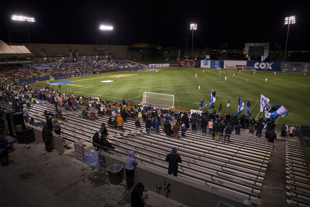 Fans watch the California Clasico men's soccer game between the Los Angeles Galaxy and San Jose Earthquakes at Cashman Field on Saturday, Feb. 11, 2017, in Las Vegas. San Jose won 1-0. (Erik Verdu ...