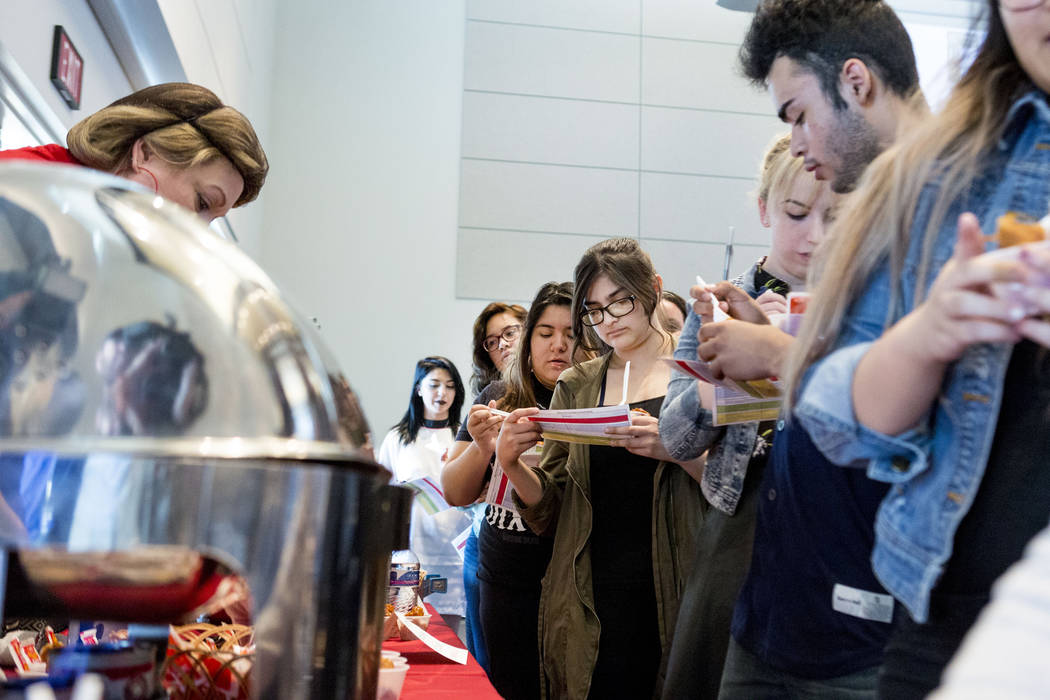 East Career & Technical Academy students are served samples during Clark County School District's sampling of their 2017-2018 cafeteria lunch menu to different schools in CCSD at East Career a ...