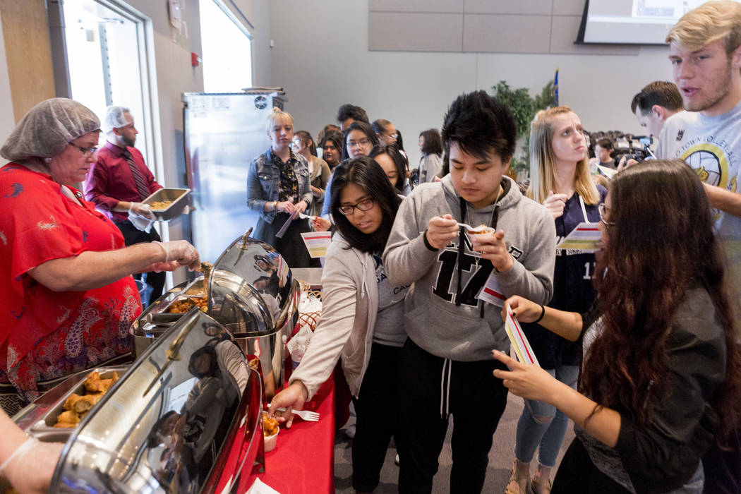East Career & Technical Academy students are served samples during Clark County School District's sampling of their 2017-2018 cafeteria lunch menu to different schools in CCSD at East Career a ...