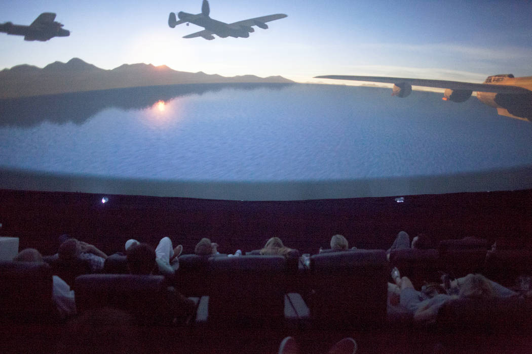 An audience watches a movie preview Thursday, April 27, 2017, inside the Dome, a 360 theatre that will be showing six different films to the public at the Container Park in Downtown Las Vegas. Rac ...
