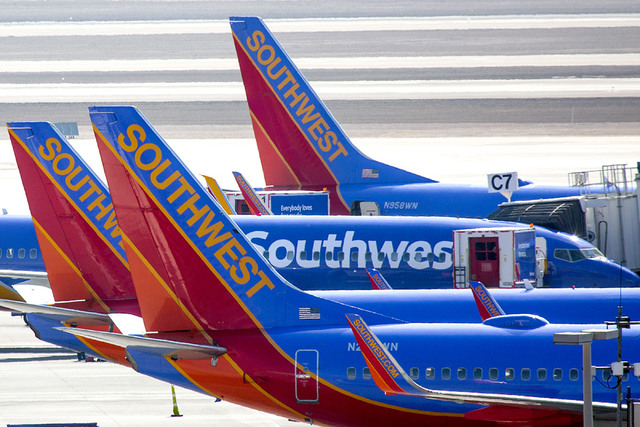 Southwest Airlines planes sit on the tarmac at McCarran International Airport. (Jeff Scheid/Las Vegas Review-Journal) @jlscheid