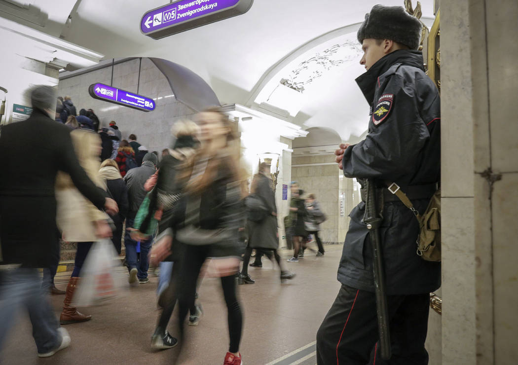 Policeman patrols at Pushkinskaya subway station in St.Petersburg, Russia, Friday, April 7, 2017. (Dmitri Lovetsky/AP)