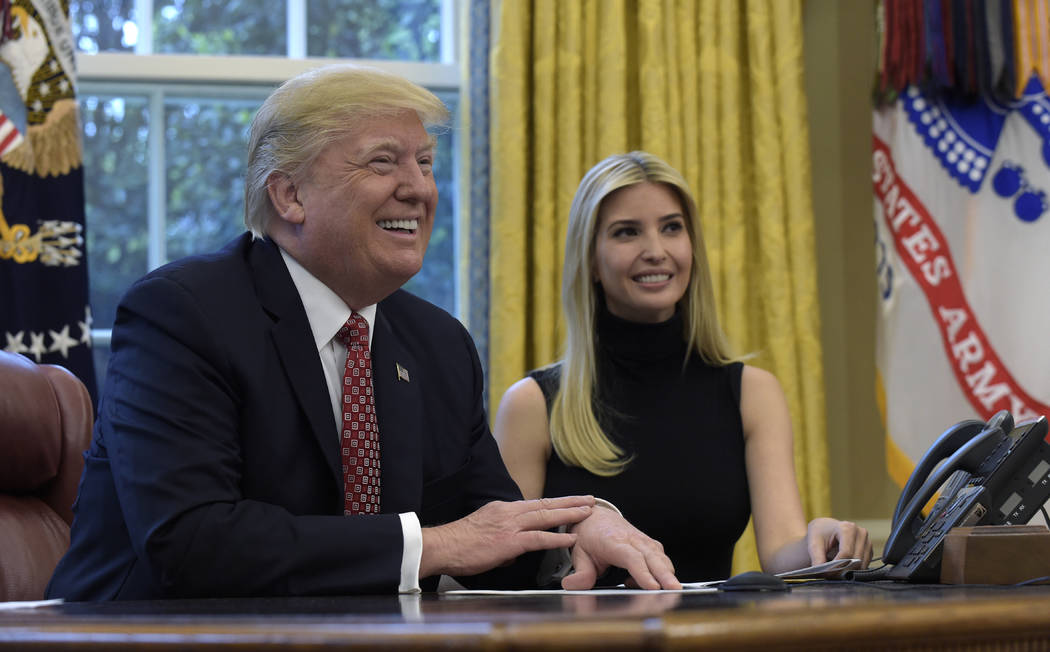 President Donald Trump, accompanied by his daughter Ivanka Trump, talks via video conference with International Space Station Commander Peggy Whitson on the International Space Station, Internatio ...