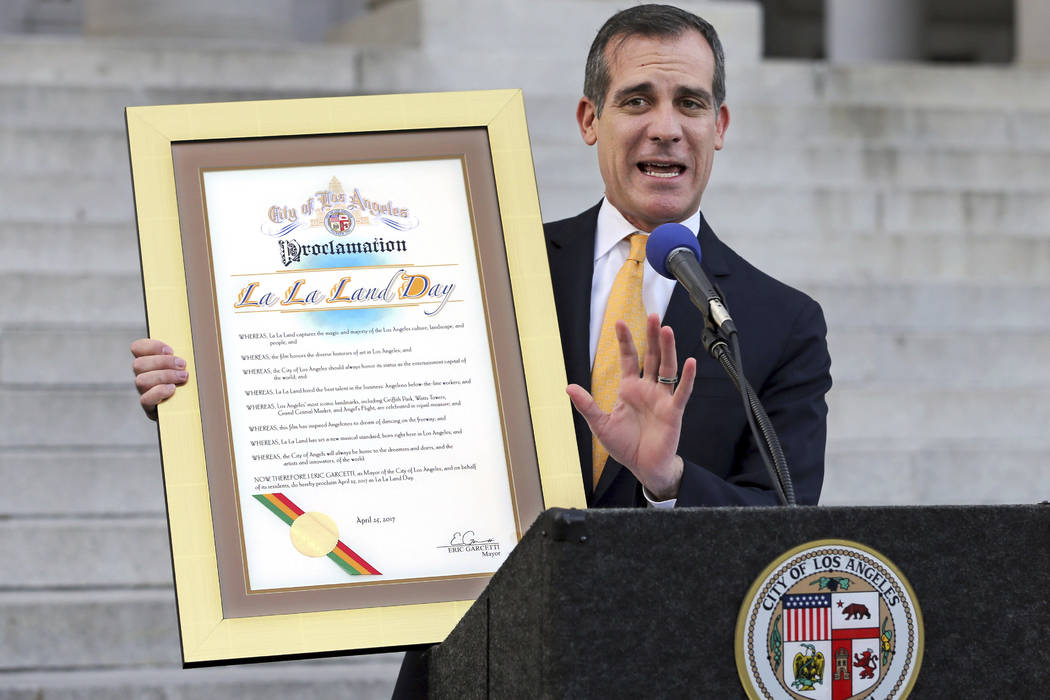 Los Angeles Mayor Eric Garcetti appears at a press event proclaiming "La La Land Day" on Tuesday, April 25, 2017. in honor of the musical that claimed six Academy Awards in February. Reed Saxon AP