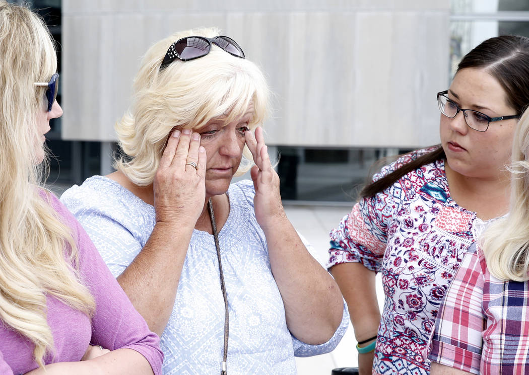 Lillie Spencer, left, sister of rancher Cliven Bundy, and her niece Stetsy Cox, right, outside the Lloyd George U.S. Courthouse on Monday, April 24, 2017, in Las Vegas. Bizuayehu Tesfaye Las Vegas ...