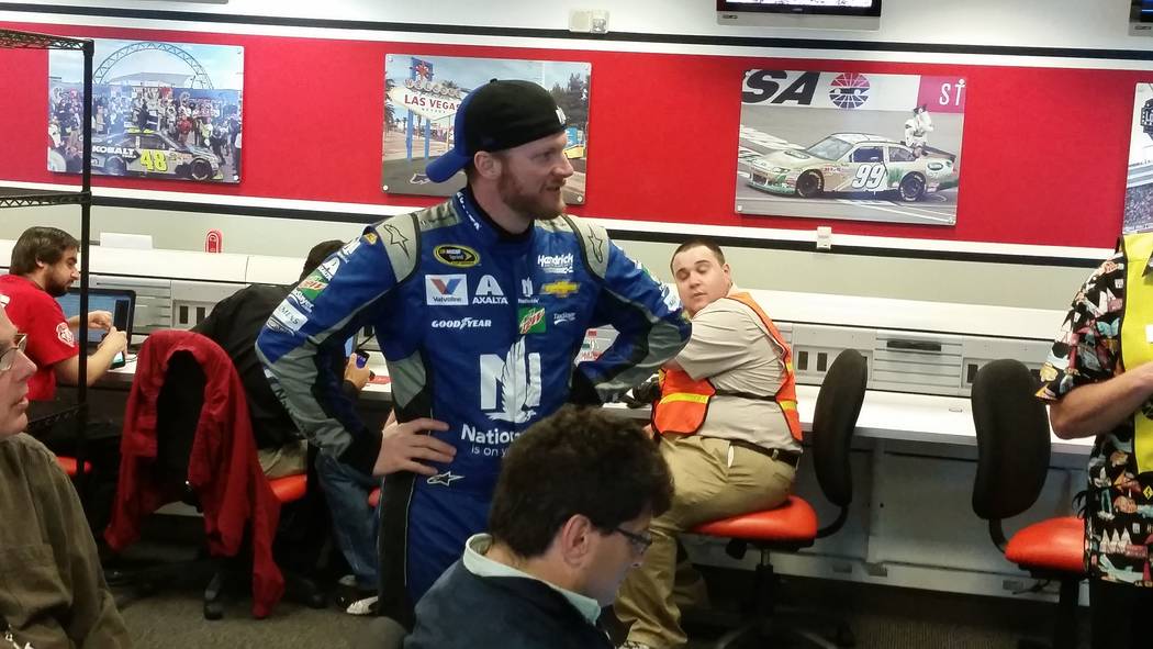 Dale Earnhardt Jr. waited out a wind and rain storm with his pals in the media before the delayed start of the 2016 Kobalt 400 at Las Vegas Motor Speedway. (Ron Kantowski).