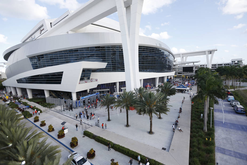 Marlins Park stadium is shown before the start of a baseball game between the Miami Marlins and the Atlanta Braves, Tuesday, April 11, 2017, in Miami. (AP Photo/Wilfredo Lee)