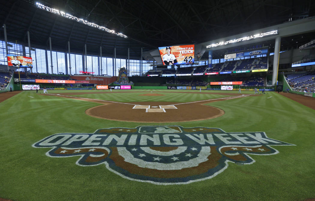 The field at Marlins Park stadium is shown before the start of a baseball game between the Miami Marlins and the New York Mets, Saturday, April 15, 2017, in Miami. (AP Photo/Wilfredo Lee)