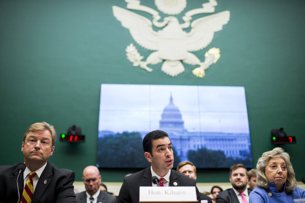 Sen. Dean Heller, R-Nev., from left, Rep. Ruben Kihuen, D-Nev., and Rep. Dina Titus, D-Nev., unite in opposition to using Yucca Mountain as a nuclear waste disposal site during the House Committee ...