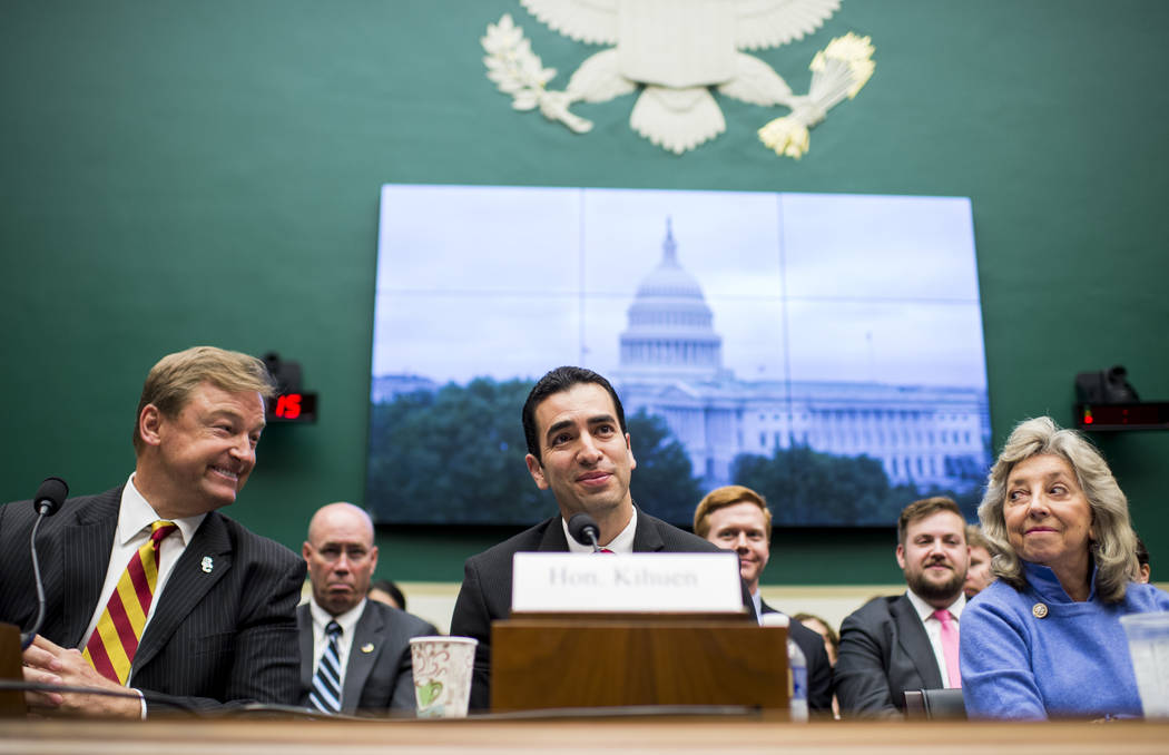 Sen. Dean Heller, R-Nev., from left, Rep. Ruben Kihuen, D-Nev., and Rep. Dina Titus, D-Nev., unite in opposition to using Yucca Mountain as a nuclear waste disposal site during the House Committee ...
