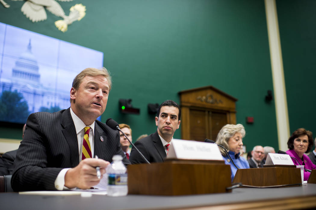 Sen. Dean Heller, R-Nev., from left, Rep. Ruben Kihuen, D-Nev., Rep. Dina Titus, D-Nev., and Rep. Jacky Rosen, D-Nev., unite in opposition to using Yucca Mountain as a nuclear waste disposal site  ...