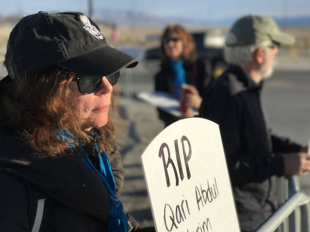Mary Dean of World Beyond War traveled from Chicago to join anti-drone warfare protesters, Wednesday, April 26, 2017, at Creech Air Force Base, northwest of Las Vegas. Keith Rogers/Las Vegas Revie ...